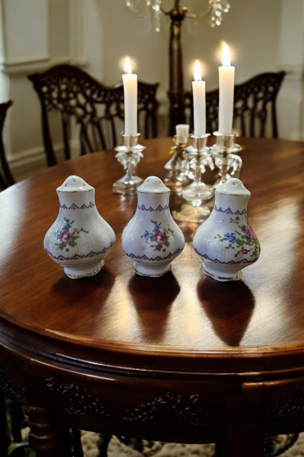 3 Royal Albert Petit Point Pair Salt and Pepper Cellars