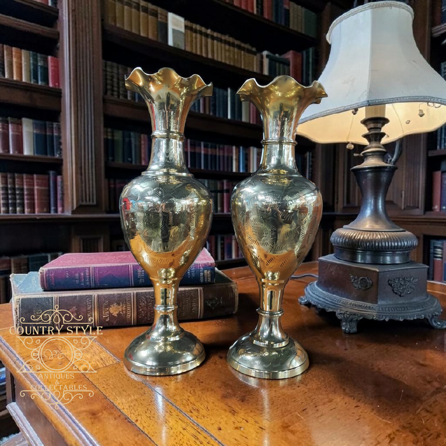 Pair of Mid-Century Indian Etched Brass Vases