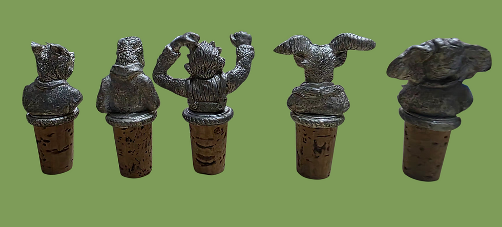 Thumbnail: 5 Anthropomorphic Pewter & Cork Safari Wine Stoppers