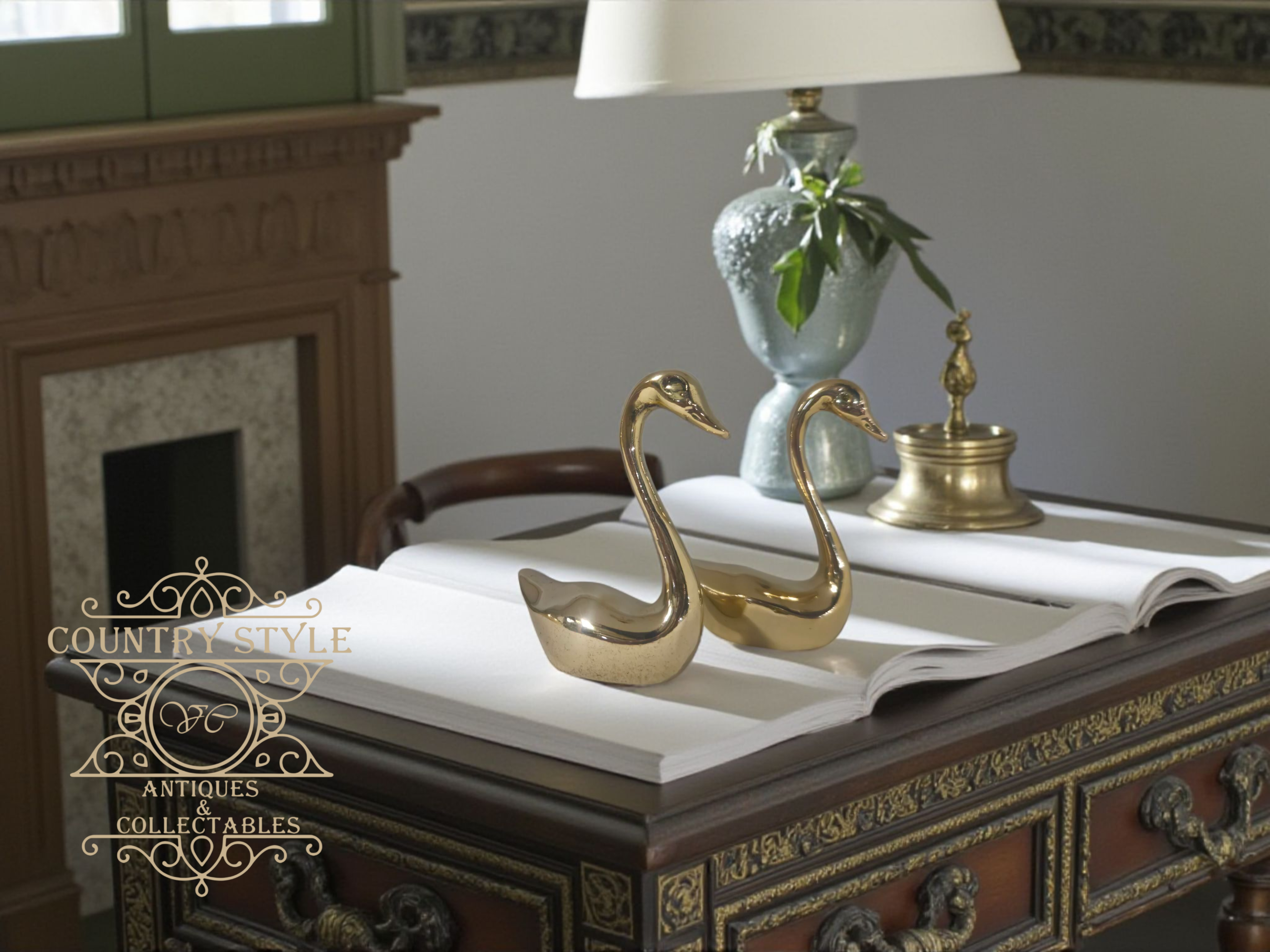 Pair Mid-Century Solid Brass Swan Figurines