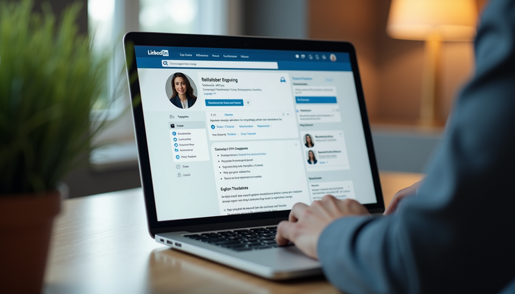 Eye-level view of a laptop screen showing a LinkedIn profile page