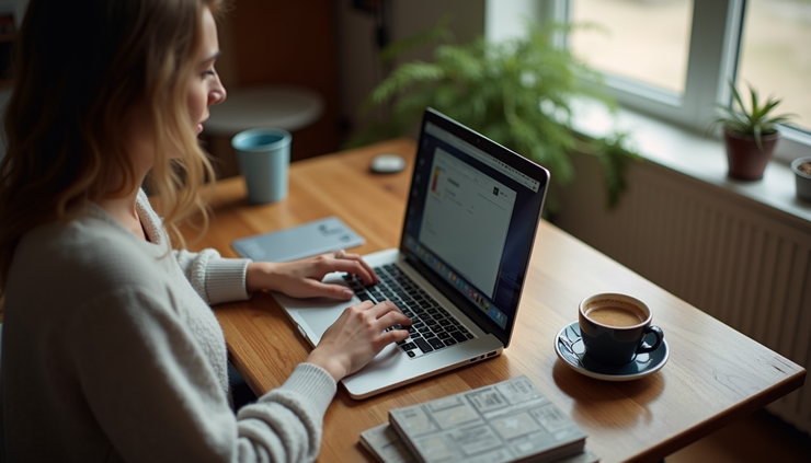High angle view of a person typing on a laptop in a cozy home setting