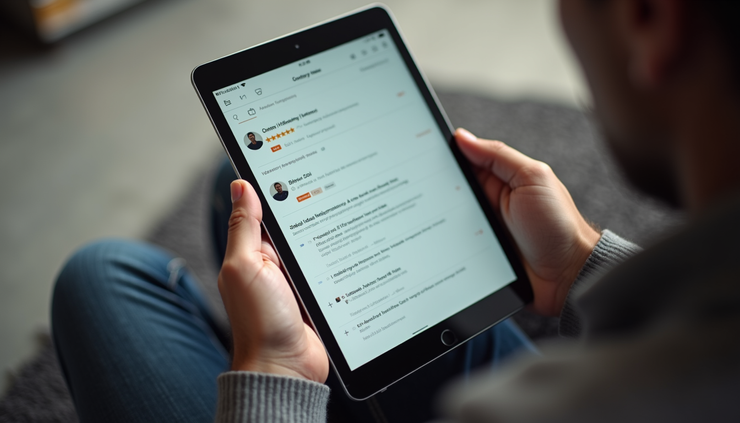High angle view of a person browsing anonymous company reviews on a tablet