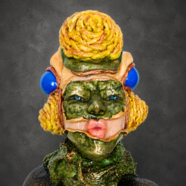 Plastik mit maskenartigem Gesicht, gelb geflochtener Kopfform und organisch überwucherter Oberfläche. Die Figur verbindet sakrale Anmutung, humorvolle Verfremdung und körperliche Transformation vor weißem Hintergrund.