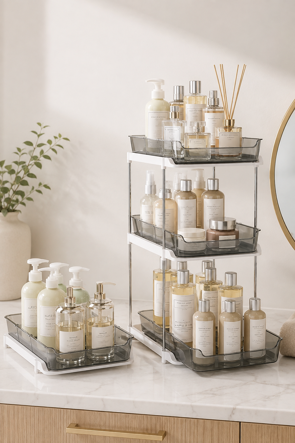 Three-tier bathroom shelf with home organization essentials.