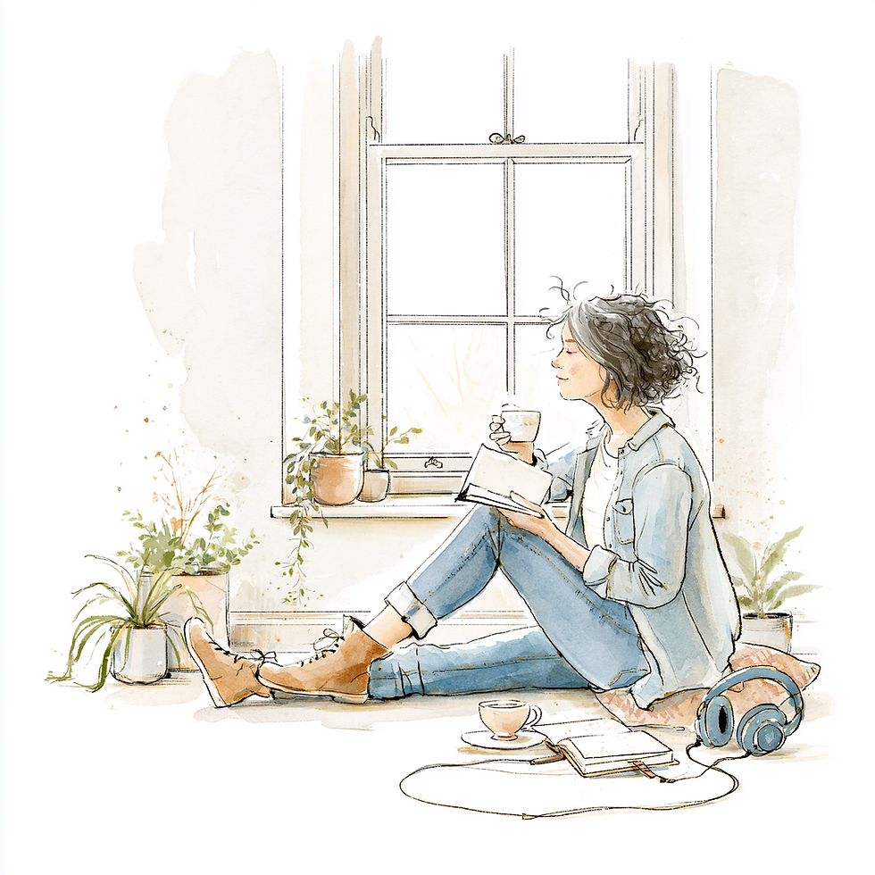 female sat relaxed reading a book while having a drink