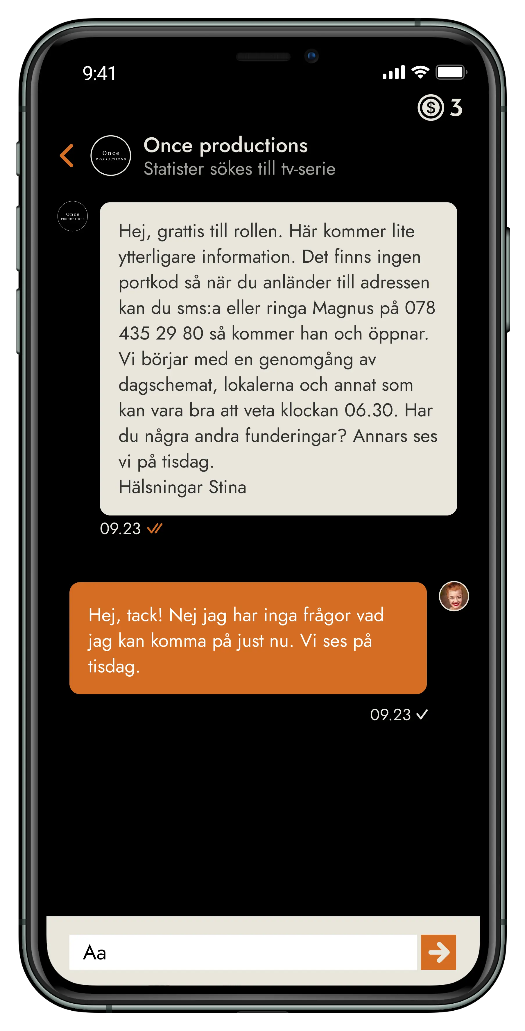 Mobile Casting mobilapp - Meddelandefunktion för kontakt mellan statister, skådespelare och uppdragsgivare