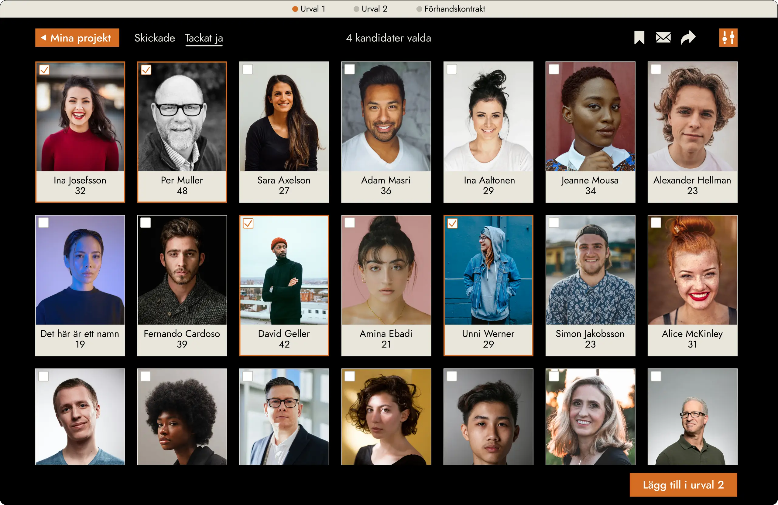 Mobile Casting Webbapp - Lista över matchande statister och skådespelare för castingprojekt