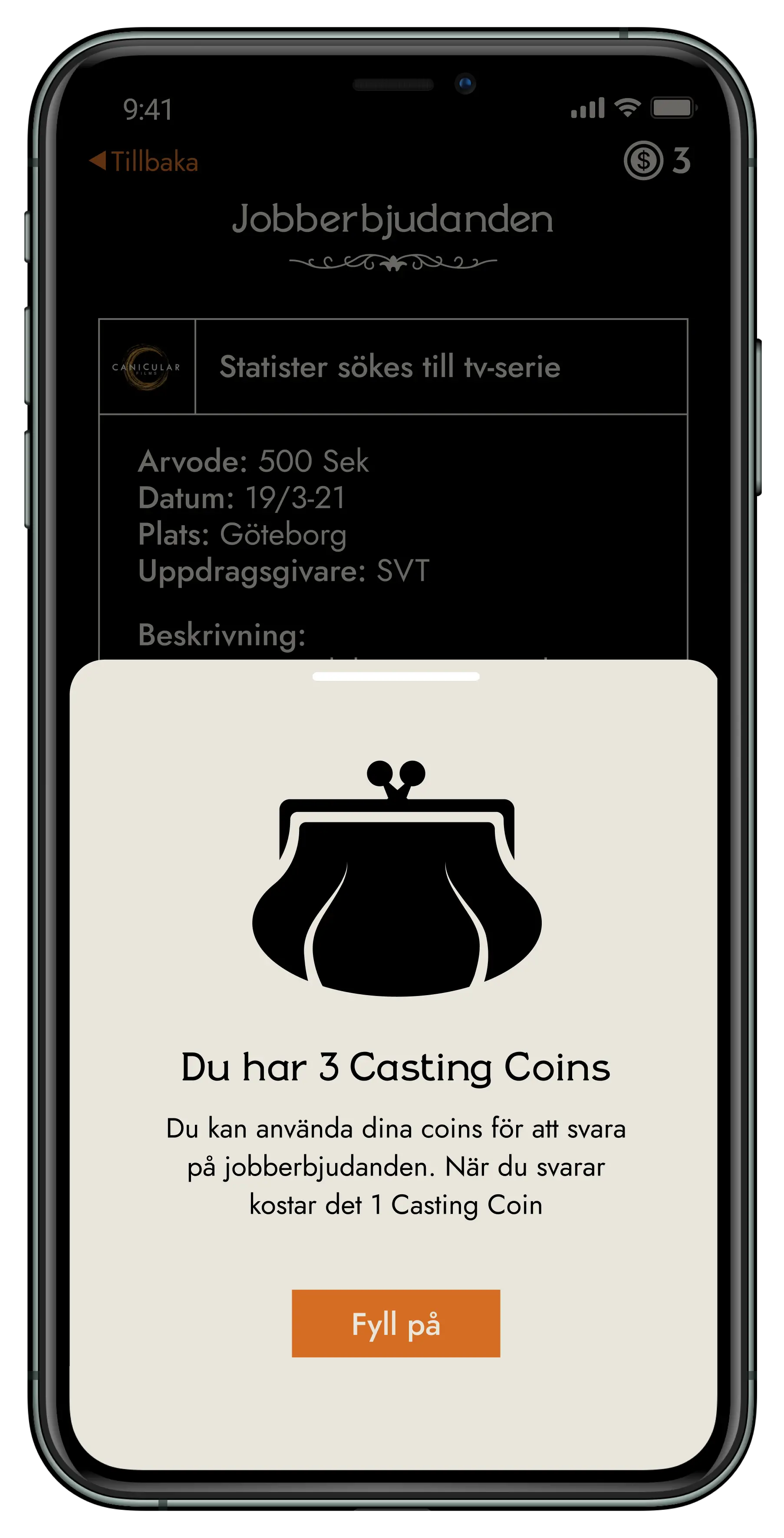 Mobile Casting mobilapp - Köp av CastingCoins i plånboken för jobbansökningar