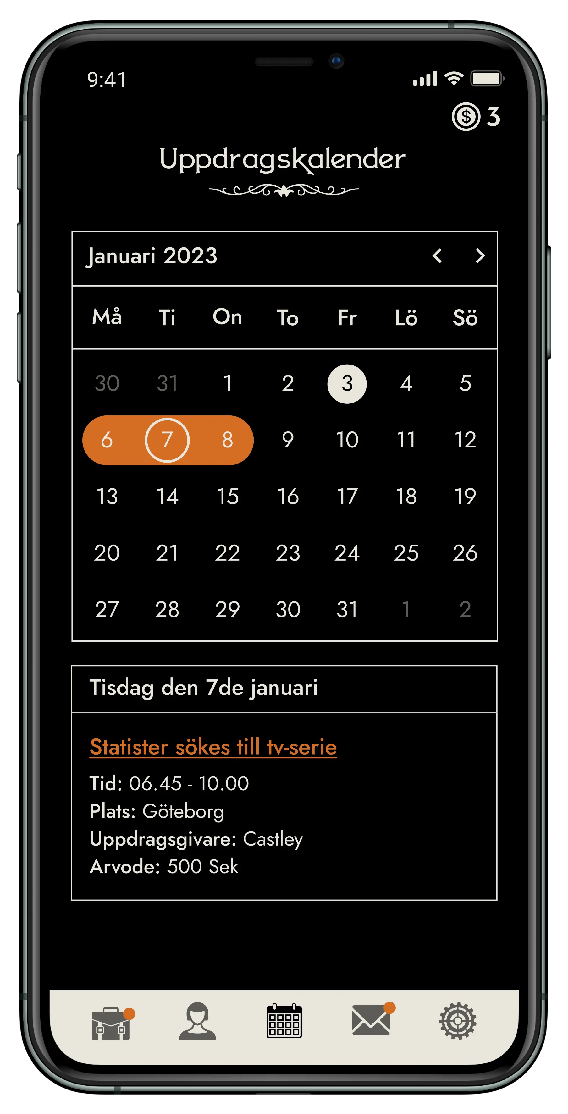 Mobile Casting mobilapp - Kalender för översikt av inbokade uppdrag för statister och skådespelare