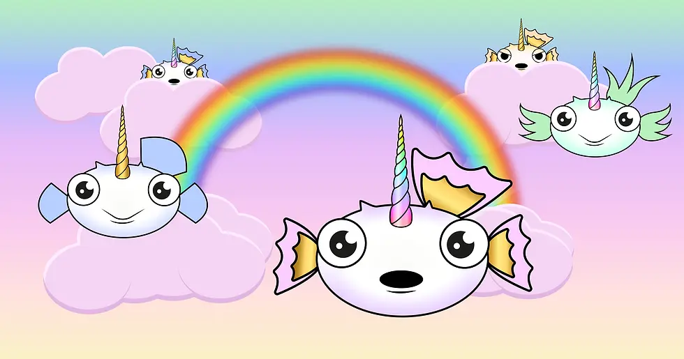 Discover the Whimsy of 'Cryptophishies' NFT Collection: Unicorn Pufferfish Soaring in a Pink Sky Adorned with Rainbows.