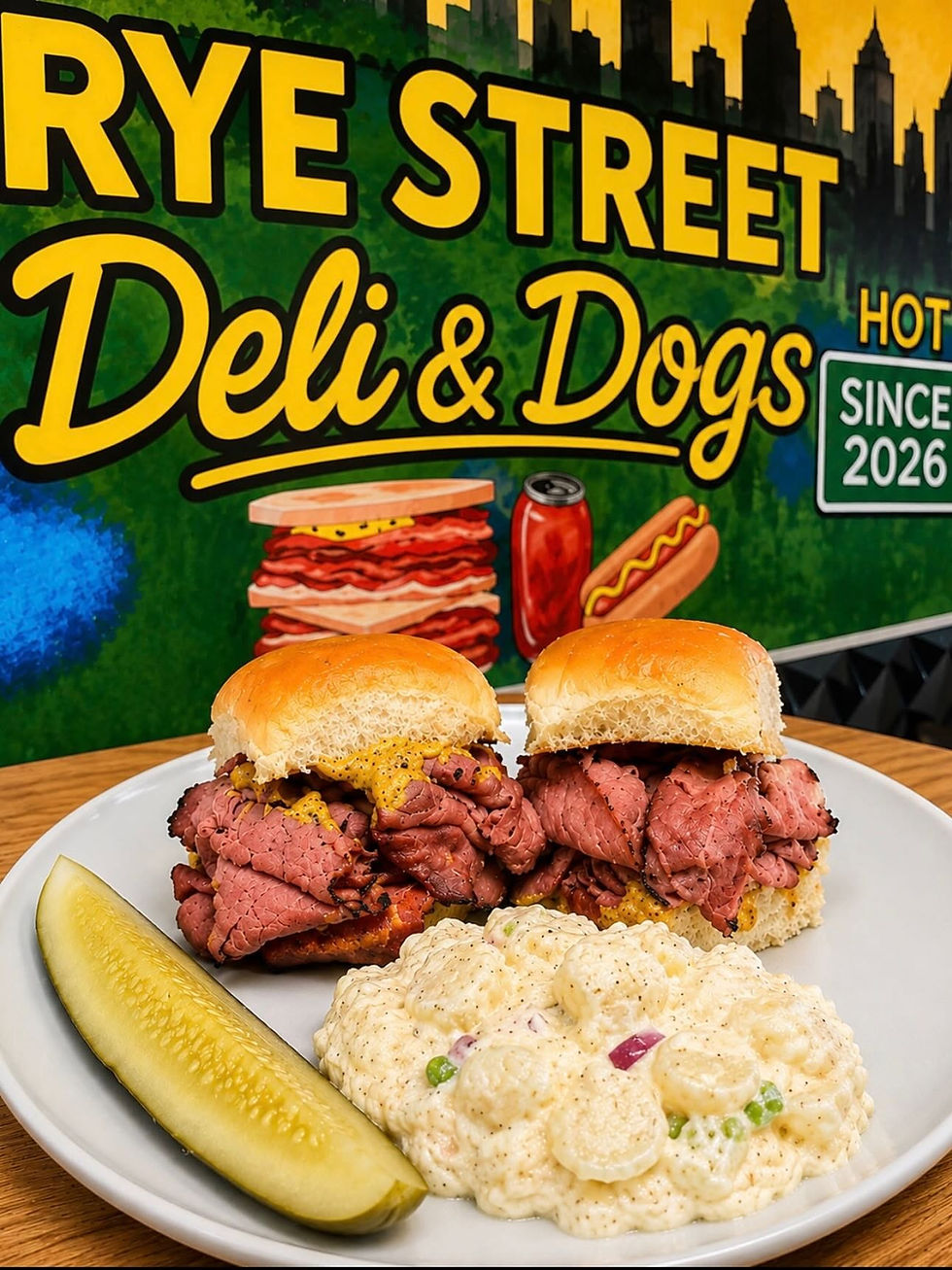 Two roast beef sandwiches with potato salad and a pickle on a plate in front of a RYE STREET Deli & Dogs sign, HOT SINCE 2026.