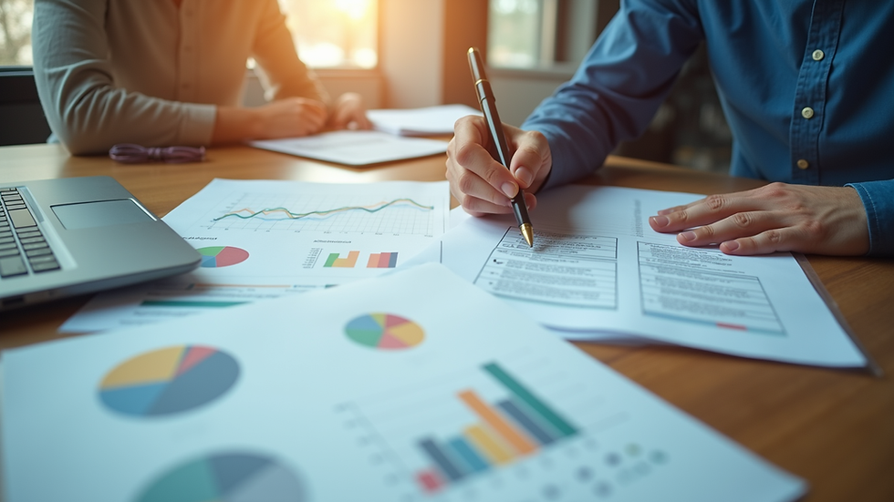 High angle view of a strategic planning session with charts and graphs