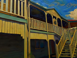 Oil painting of Les Deux Etangs featuring the front of the house, representing the iconic design of the country Queenslander style