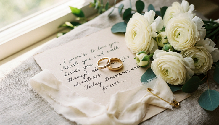 Close-up of wedding rings resting on handwritten vows beside white flowers.