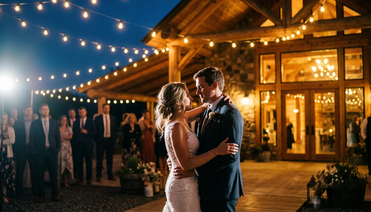 Low-angle view of a couple dancing beneath outdoor string lights at night.