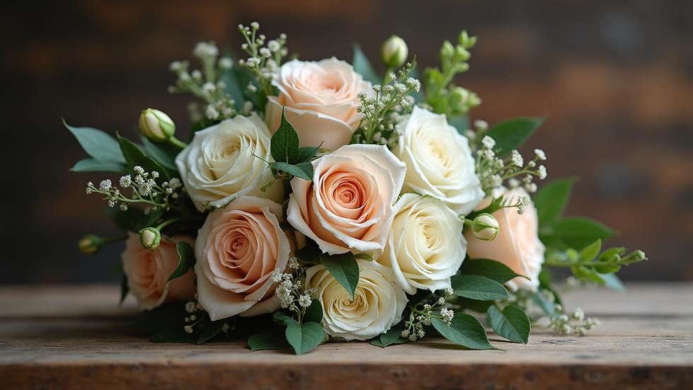 Close-up view of a wedding bouquet on a rustic wooden table
