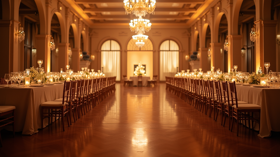 Wide angle view of a beautifully lit wedding reception venue