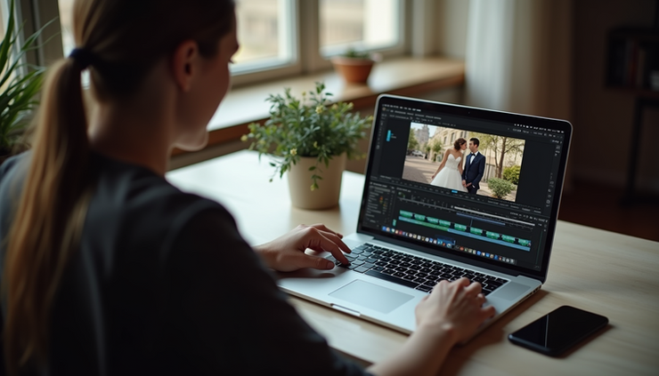 High angle view of a wedding video editing workstation with a laptop and footage on screen