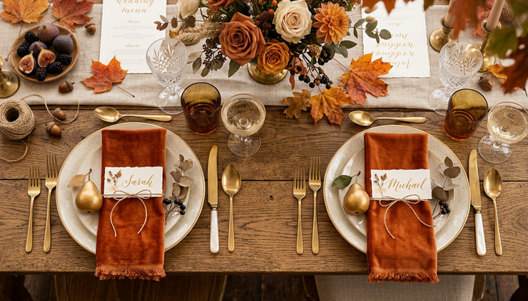Overhead view of autumn place settings with pears and velvet napkins