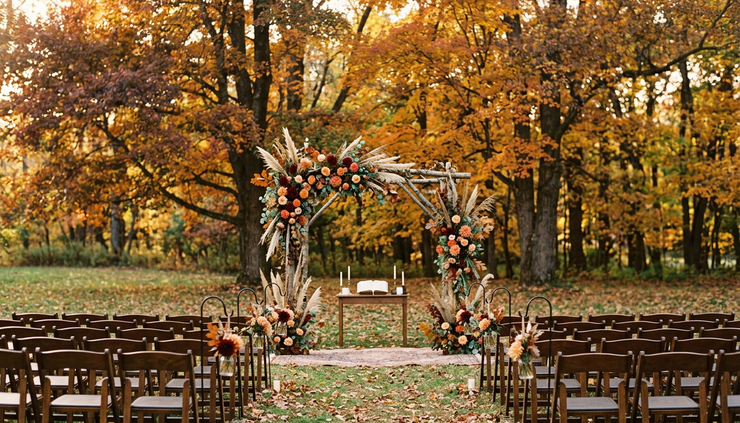 Wide-angle view of an autumn wedding ceremony beneath maple trees