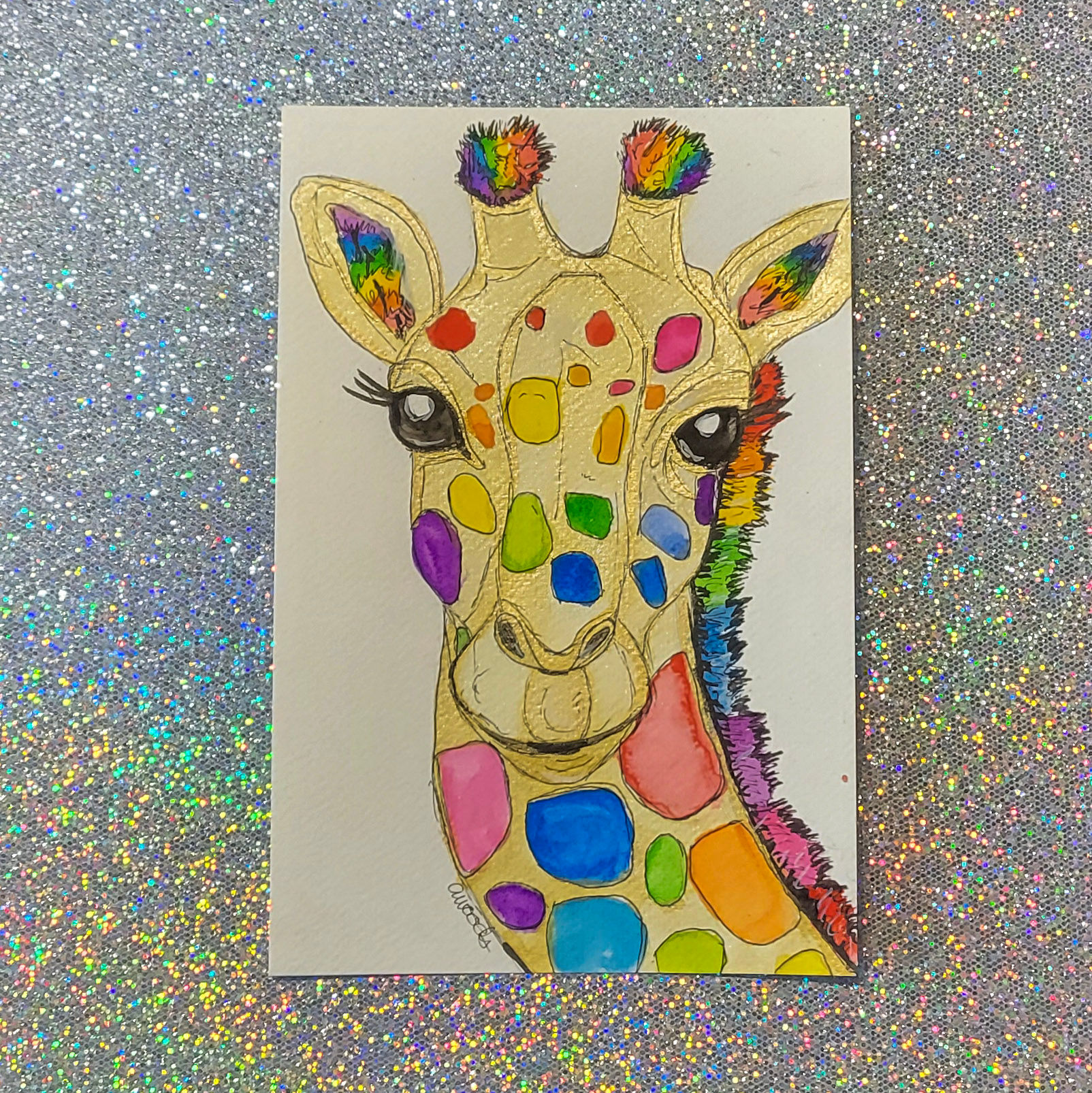 Rainbow Glitter Giraffe Watercolor Original