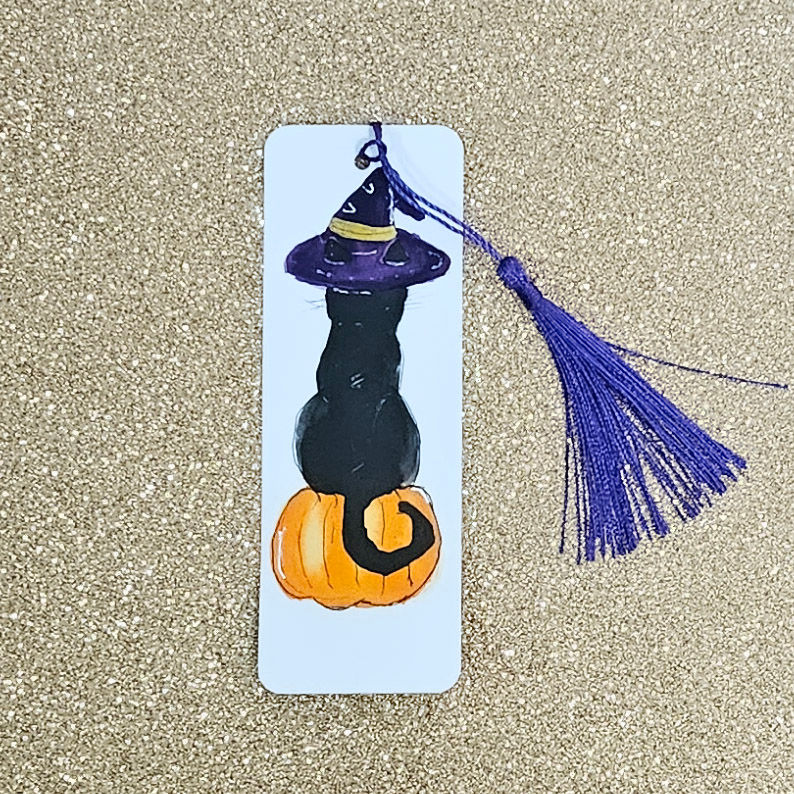Witchy Black Cat Bookmark with Purple Tassel