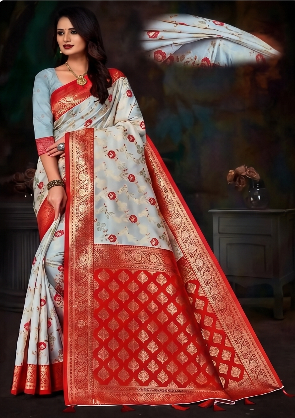 Elegant Cream & Red Banarasi Silk Saree with Zari Border