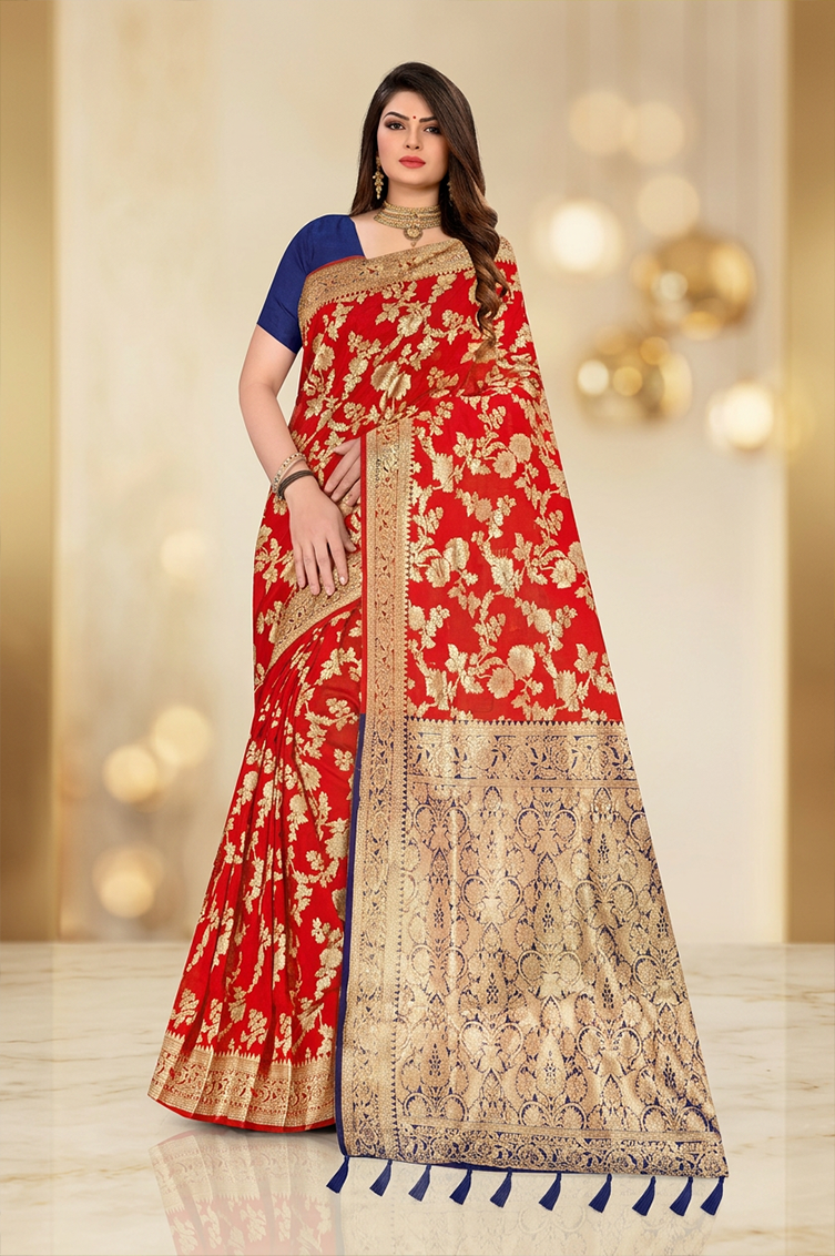 Red Jamdani Cotton Saree with Golden Zari & Blue Border