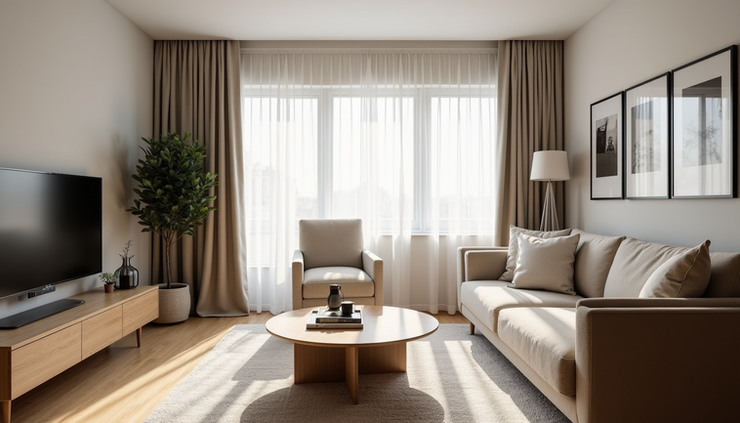 Eye-level view of a modern London flat’s living room with natural light and minimalist decor