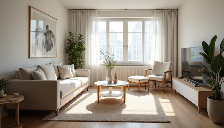 Eye-level view of a well-kept short-term rental living room with modern furniture and natural light