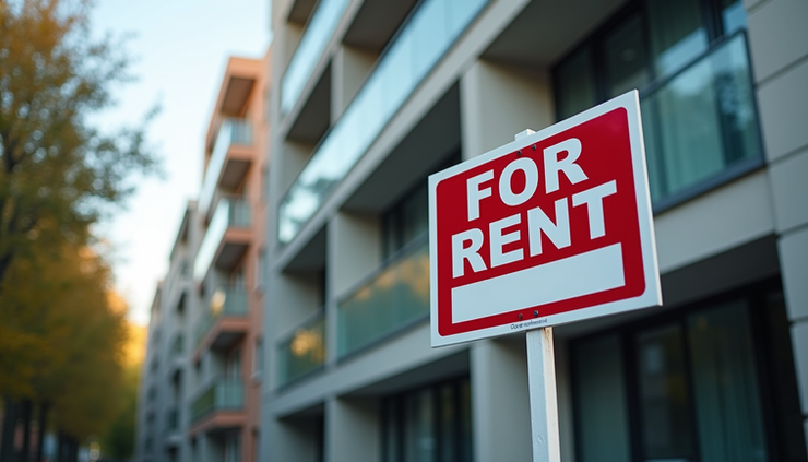 Eye-level view of a modern apartment building with a "For Rent" sign outside