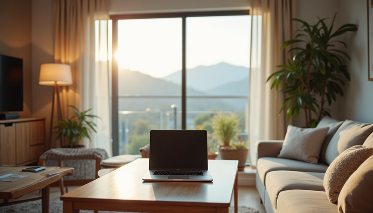Eye-level view of a cozy short-term rental living room with a laptop on the table and a window showing a scenic view