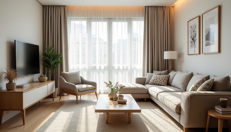 Eye-level view of a modern living room in a serviced apartment with clean decor and natural light