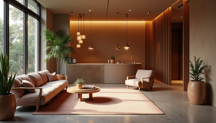 Eye-level view of a cozy boutique hotel lobby with stylish decor and welcoming seating