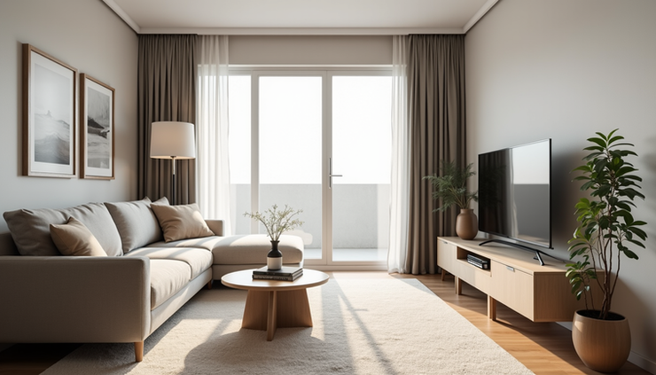 Eye-level view of a modern short-term rental living room with natural light and minimalist decor