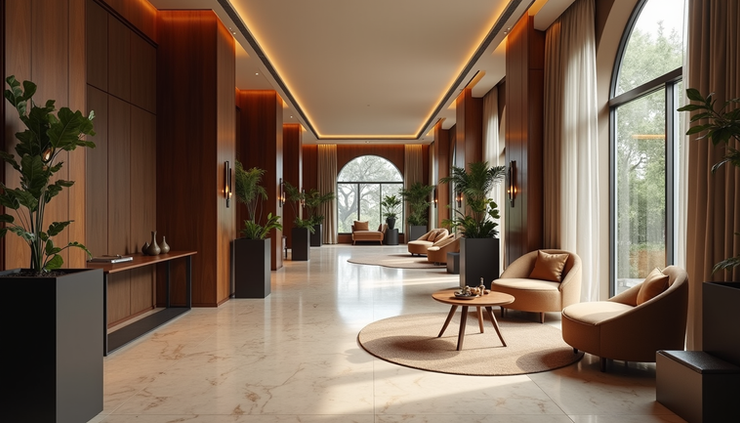Eye-level view of a stylish boutique hotel lobby with modern decor and cozy seating