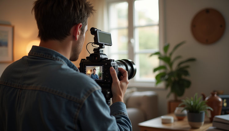 Eye-level view of a content creator setting up a camera for a video shoot in a cozy home studio