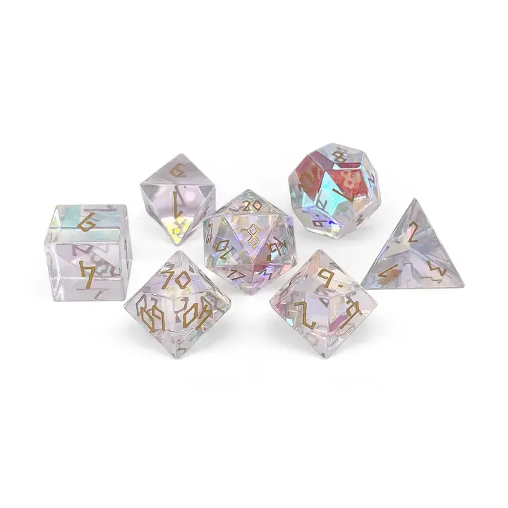 Thumbnail: K9 Rainbow Glass - Gold Font - 7 Piece Rpg Set Glass Dice