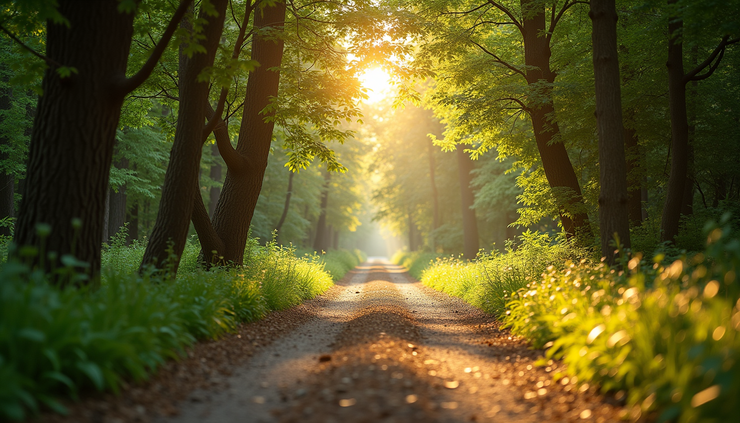 Eye-level view of a calm nature trail with soft sunlight filtering through trees