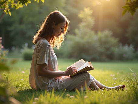 Woman reading book in meadow