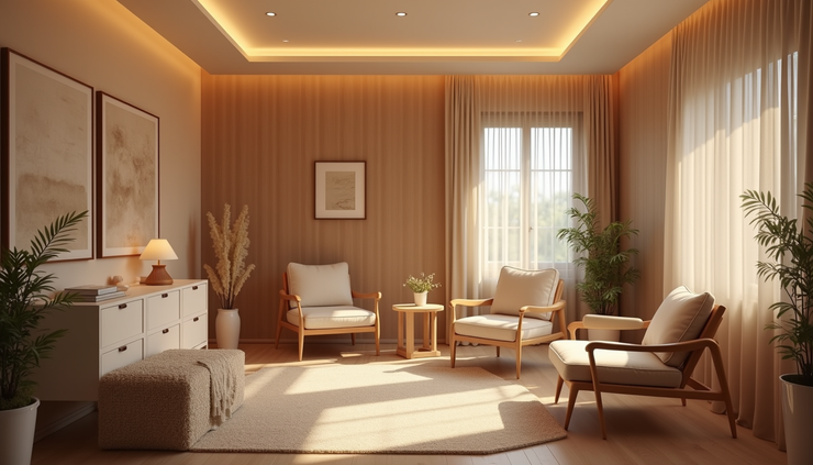 High angle view of a cozy therapy room with comfortable chairs and soft lighting
