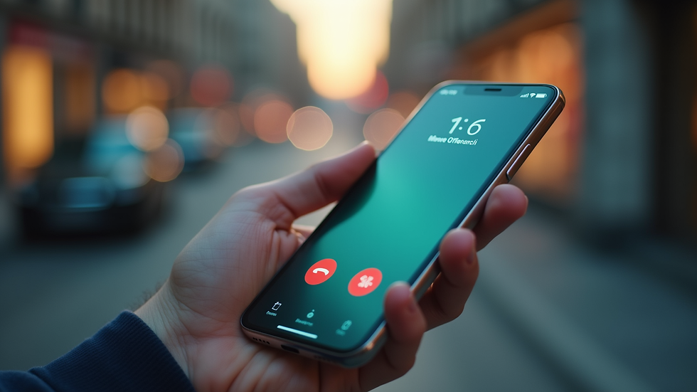 Close-up view of a hand holding a smartphone with a call screen
