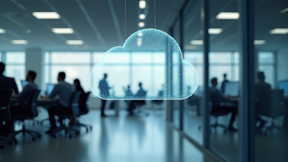 Eye-level view of modern office with cloud communication setup