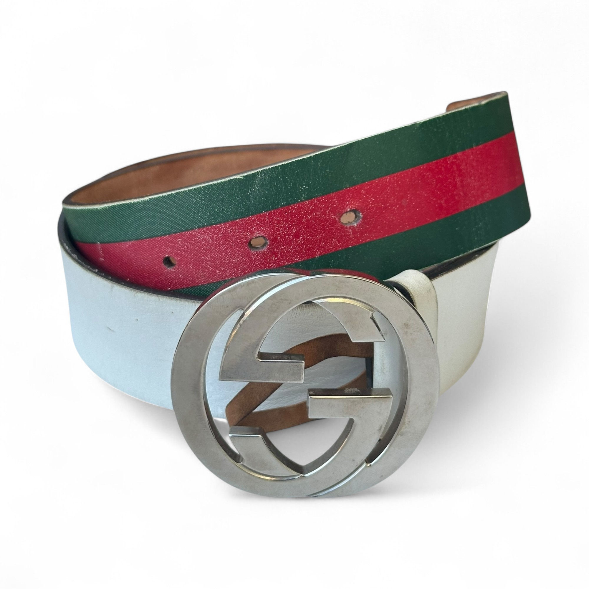 Gucci Belt Fade Web Gradient Ivory Leather Interlocking G size 85/34