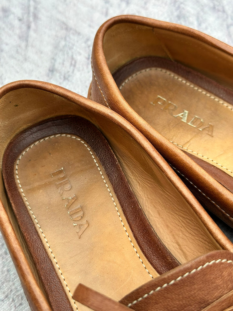Thumbnail: Prada Slip On Loafers Brown Saffiano Leather Logo size 37IT