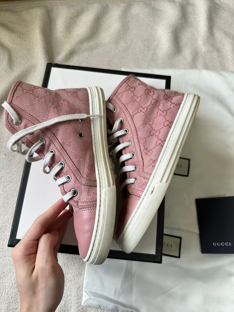 Thumbnail: Gucci High-top Sneakers Pink Canvas and Leather Monogram size 36IT