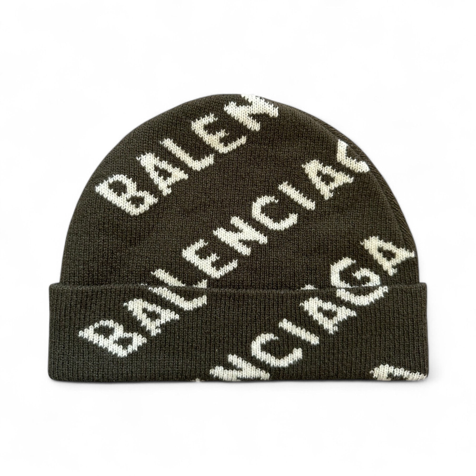 Balenciaga Beanie Winter Hat Allover Logo Khaki Wool