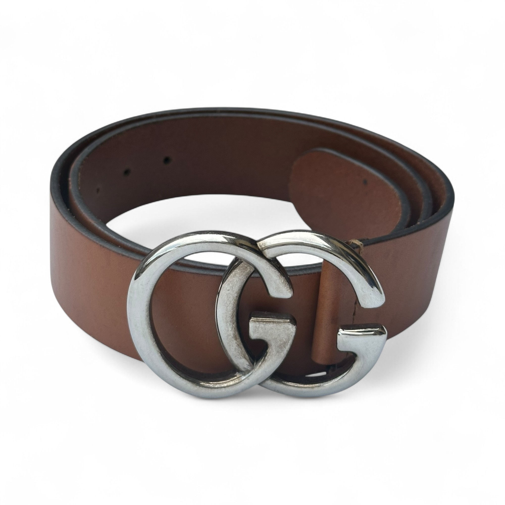 Gucci Belt Double GG Silver Buckle Logo Brown Leather size 90/36