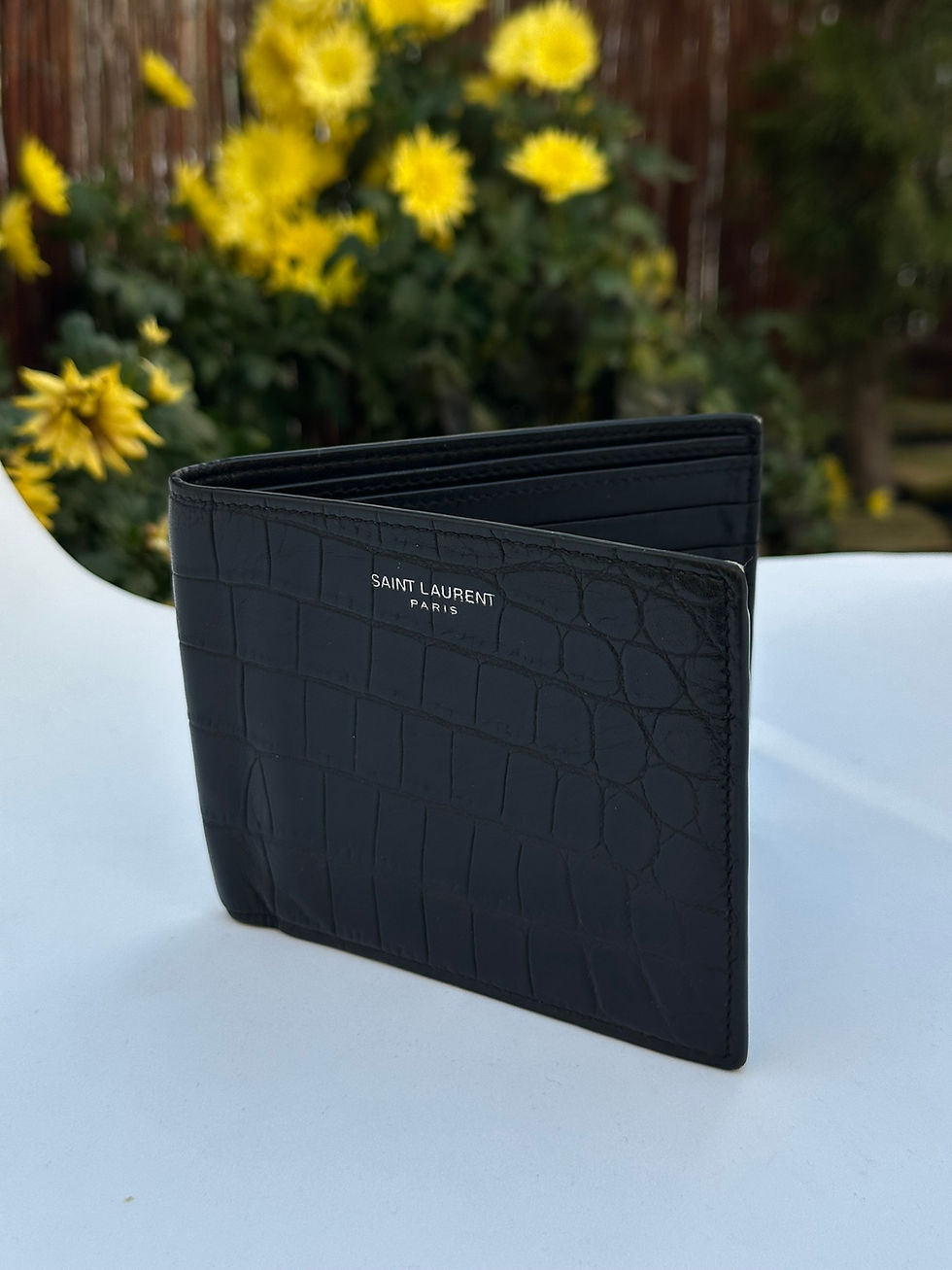 Saint Laurent Wallet Croc Embossed Black Leather Logo